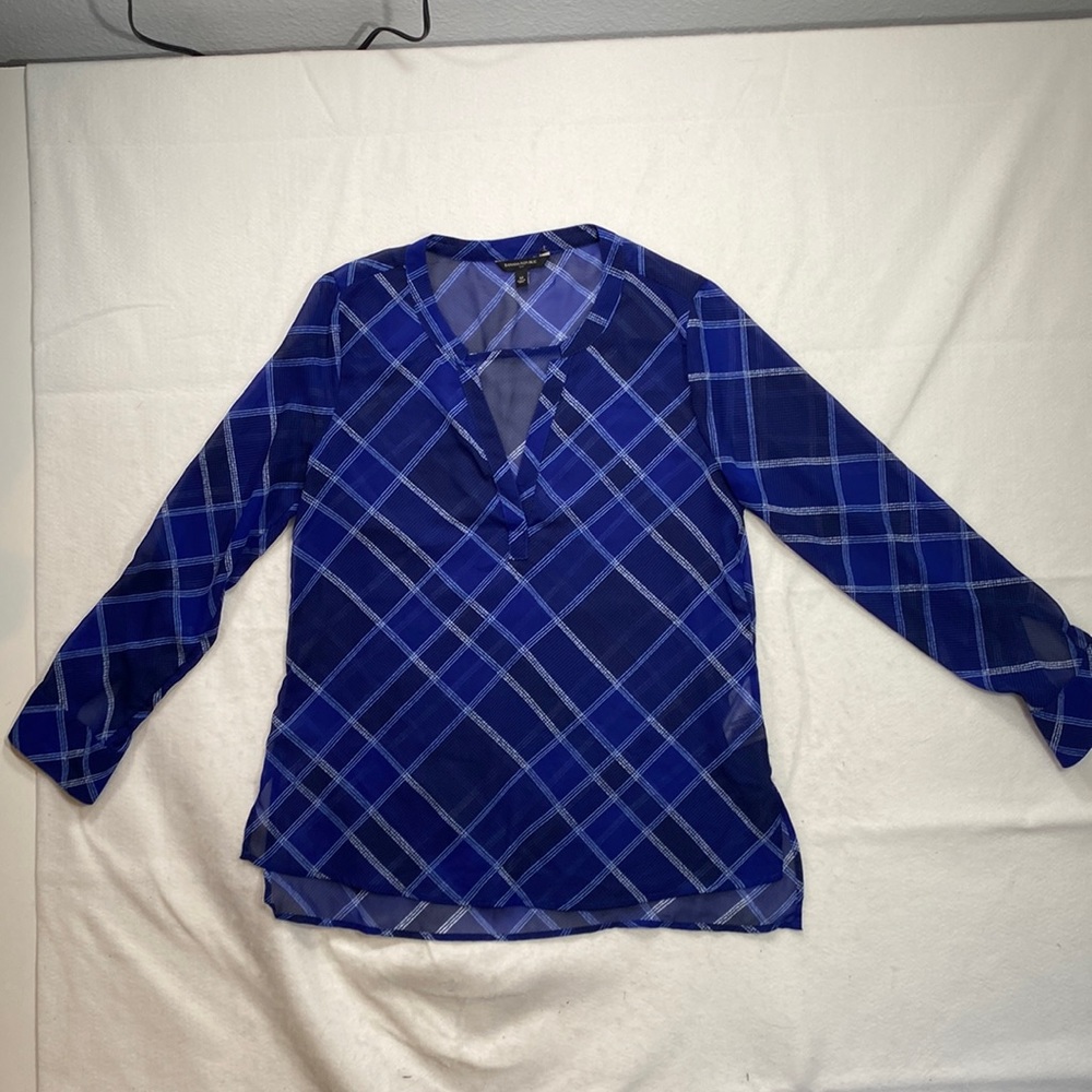 Banana Republic Long Sleeve Blouse V Neck Sheer Plaid Blue Womens Size M